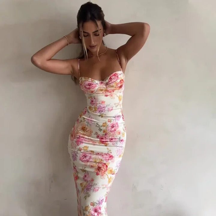 Vestido largo floral ajustado para mujer con ribete de encaje para ocasiones especiales