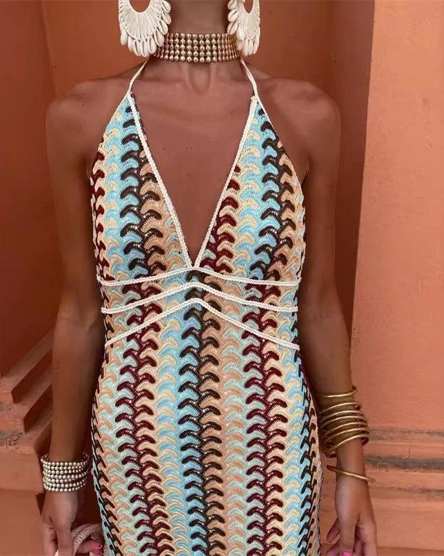 Vestido largo drapeado de crochet para bodas en la playa