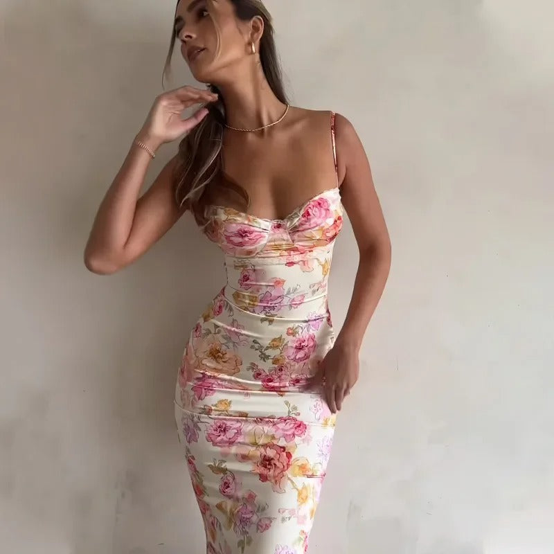 Vestido largo floral ajustado para mujer con ribete de encaje para ocasiones especiales
