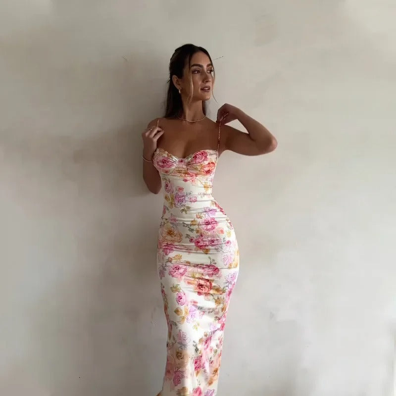 Vestido largo floral ajustado para mujer con ribete de encaje para ocasiones especiales