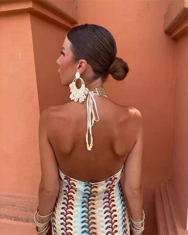 Vestido largo drapeado de crochet para bodas en la playa