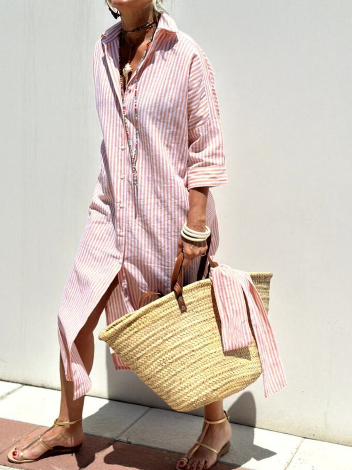 Women’s Classic Striped Button Down Occasion Everyday Shirt Dress