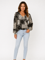 Women's Bohemian V-Neck Denim Print Sweater