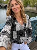Women's Bohemian V-Neck Denim Print Sweater