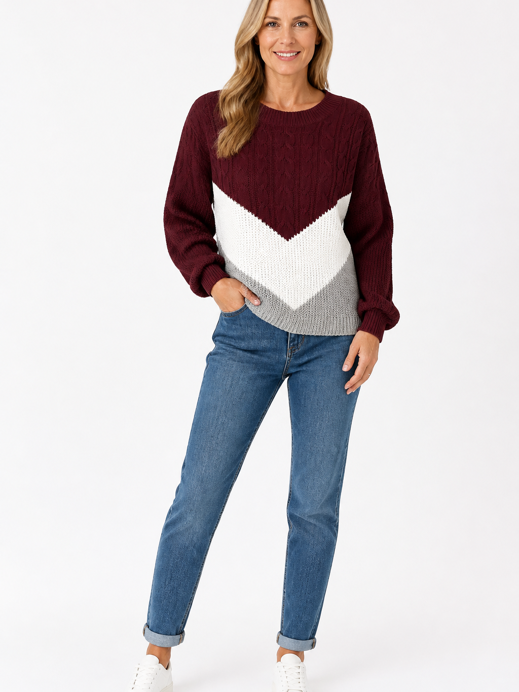 Women's Colour Block Round Neck Knit Sweater