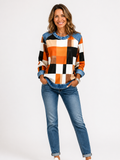 Women's Denim Panel Plaid Crewneck Sweatshirt
