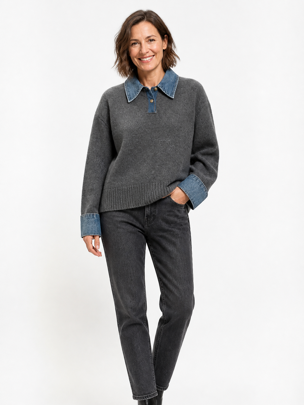 Women's Denim Patchwork Knit Sweater
