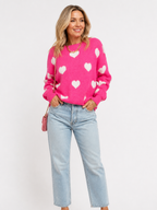 Women' Oversized Hot Pink Heart Pattern Sweater