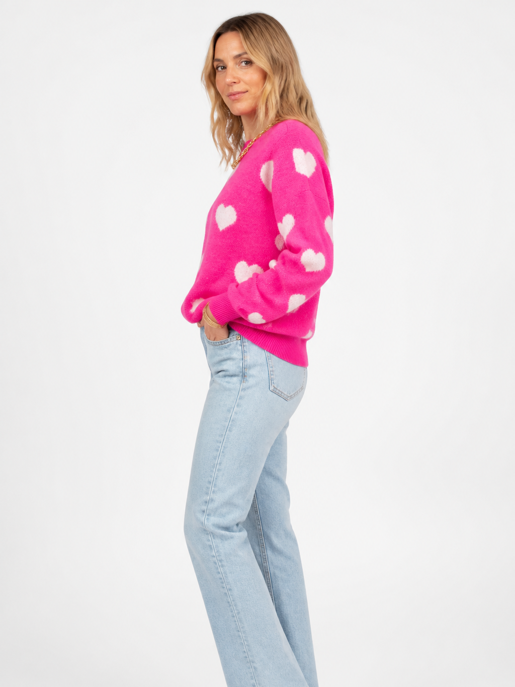 Women' Oversized Hot Pink Heart Pattern Sweater