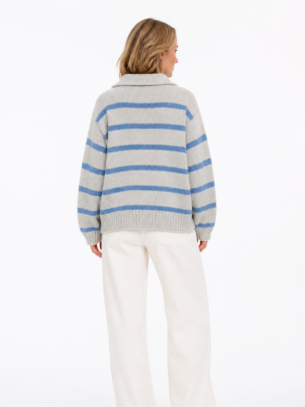 Women's Striped Polo Collar Knit Hoodie