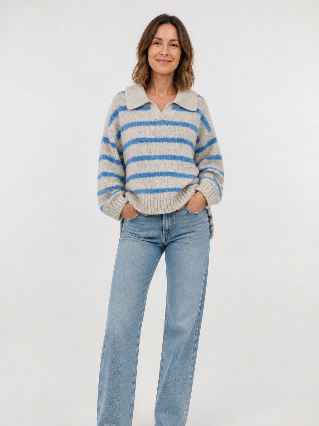 Women's Striped Polo Collar Knit Hoodie