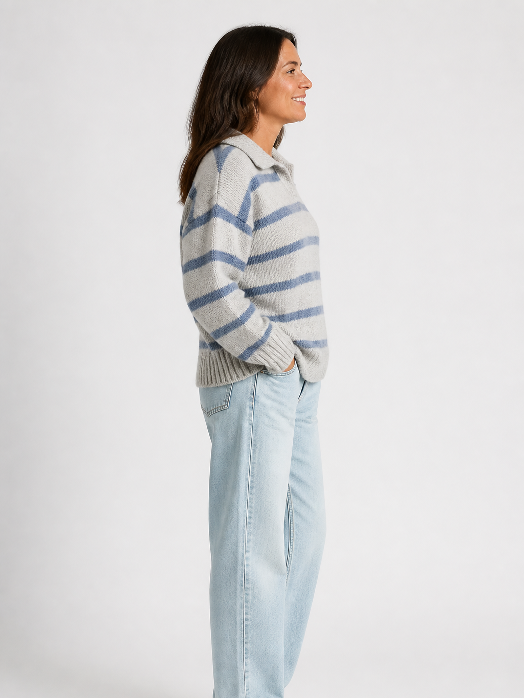 Women's Striped Polo Collar Knit Hoodie
