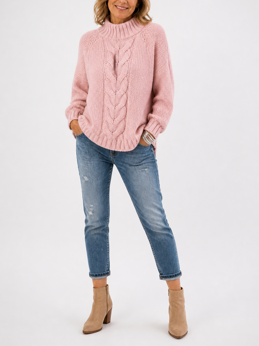 Women's Vintage Cable Knit High Neck Sweater