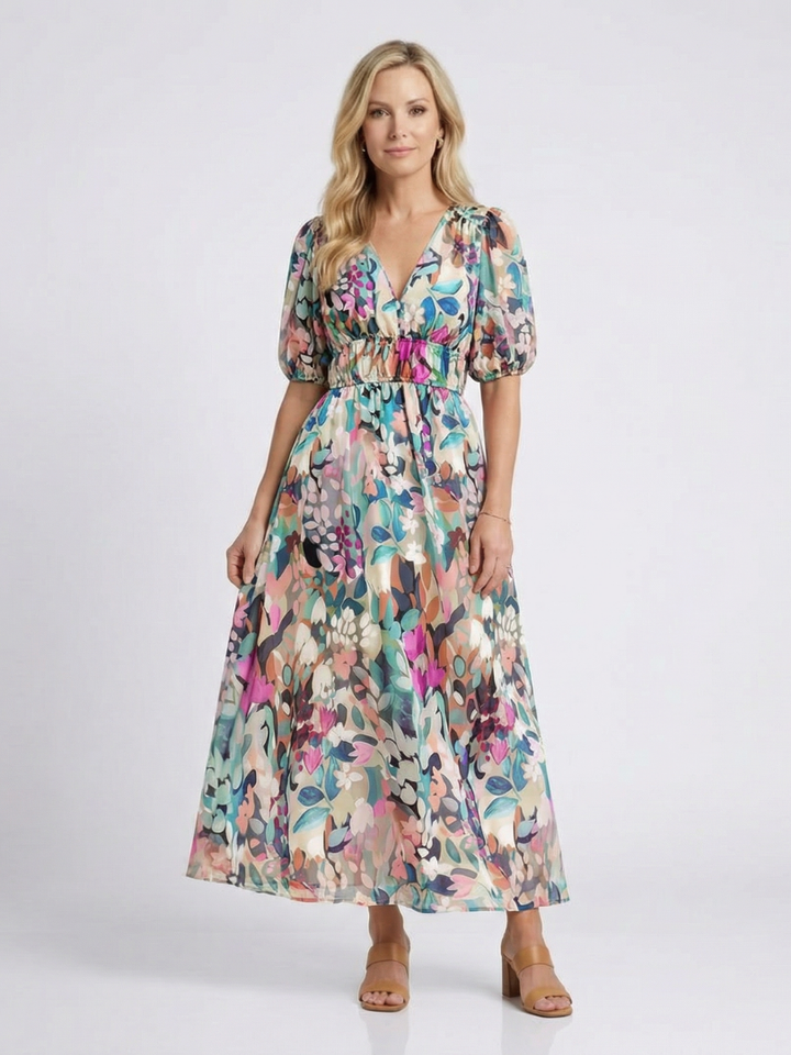 Vestido midi floral con escote en V