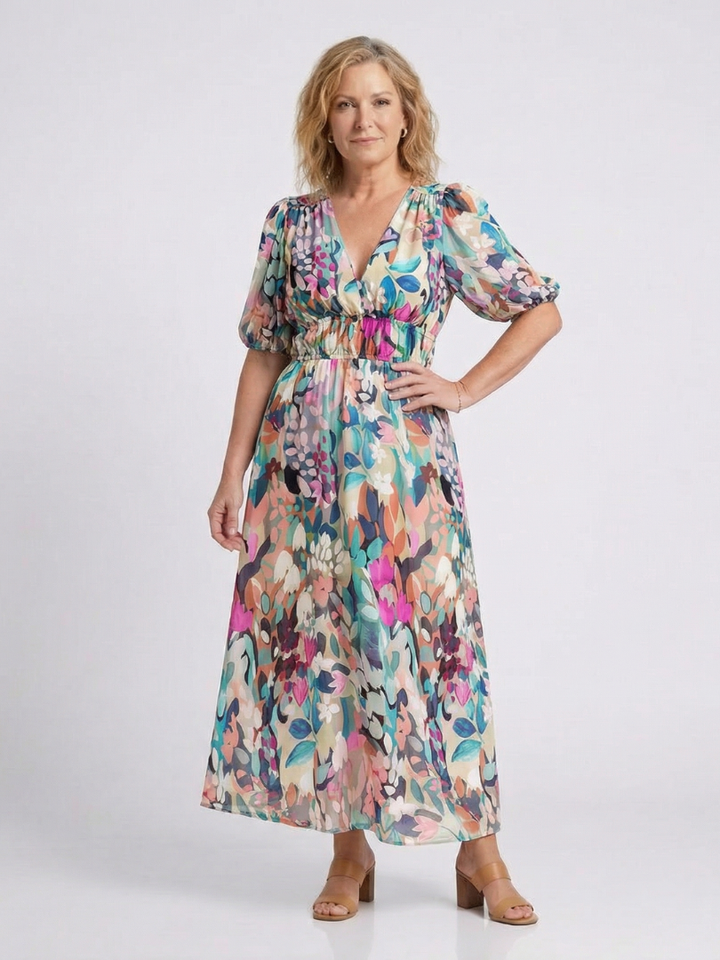Vestido midi floral con escote en V