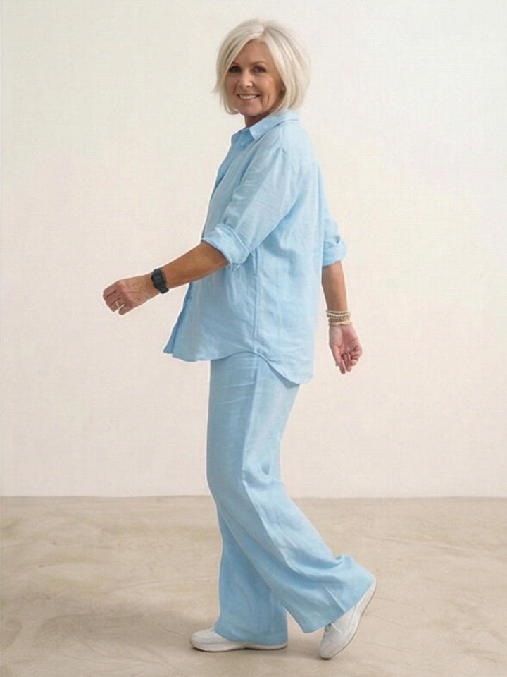 Conjunto de camisa abotonada y pantalones de pierna ancha