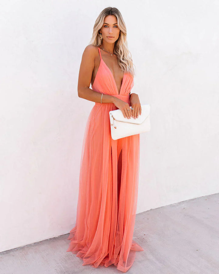 Vestido maxi naranja con tirantes ajustables