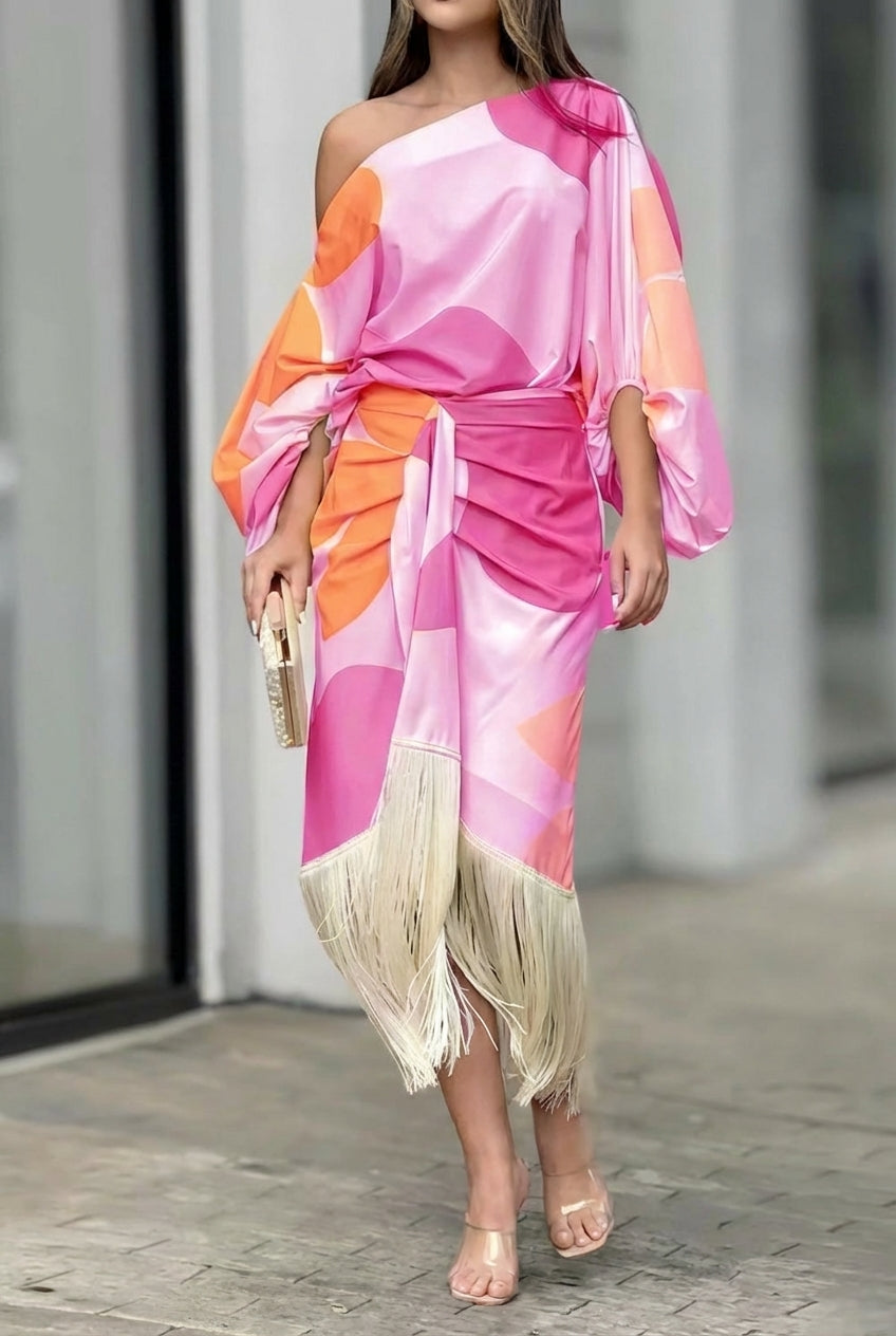 Conjunto midi con flecos y un solo hombro