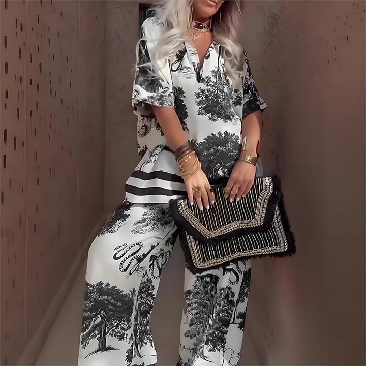 Printed V-Neck Top and Pants Set