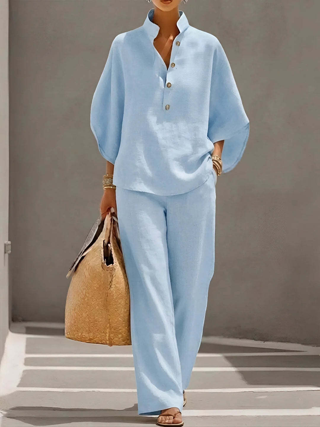 Conjunto a juego de pantalón ancho y camisa abotonada