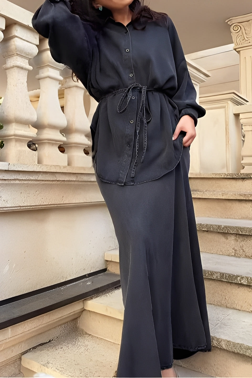 Tie-Drawstring Shirt and Skirt Set
