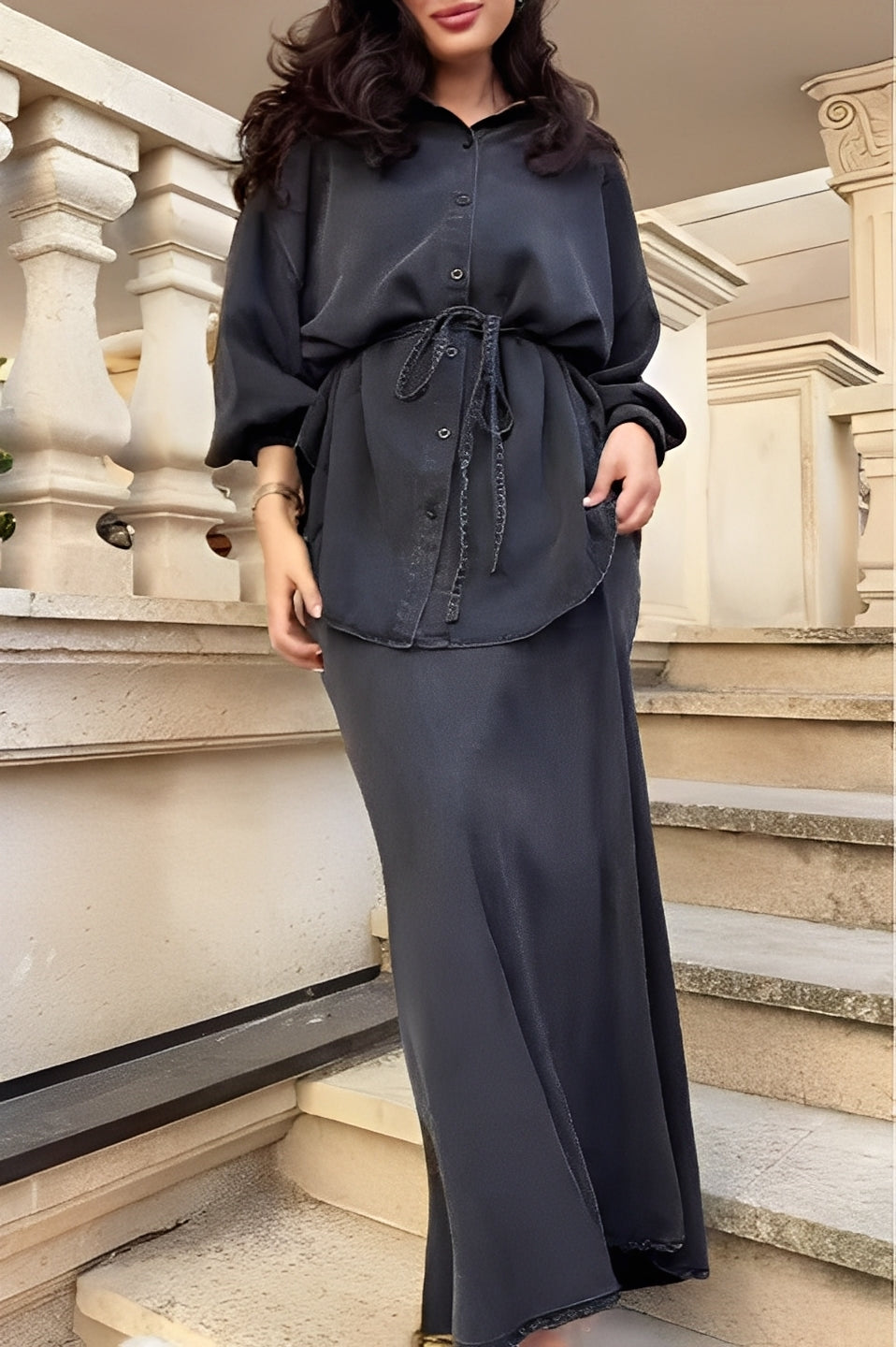 Tie-Drawstring Shirt and Skirt Set