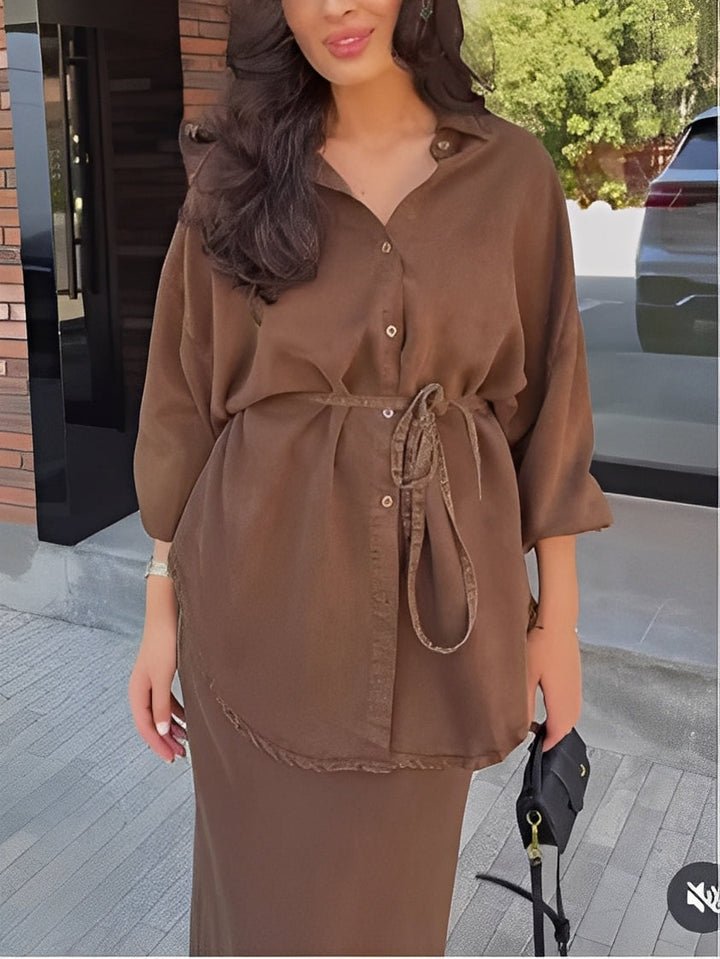 Tie-Drawstring Shirt and Skirt Set